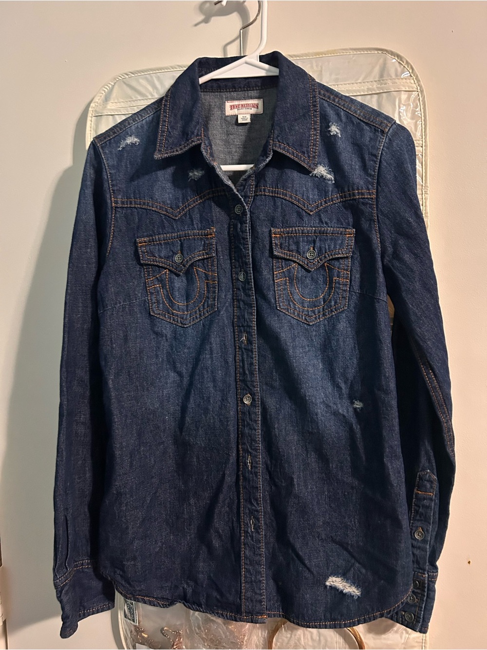 True Religion Dark Blue Distressed Denim Button-Down Shirt